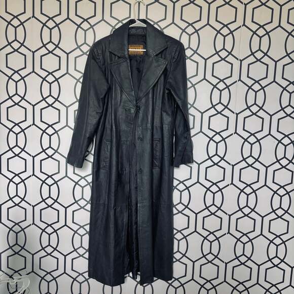 Vintage Monte Carlo Womens Genuine Black Leather Trench Coat Overcoat Size L - Picture 1 of 8